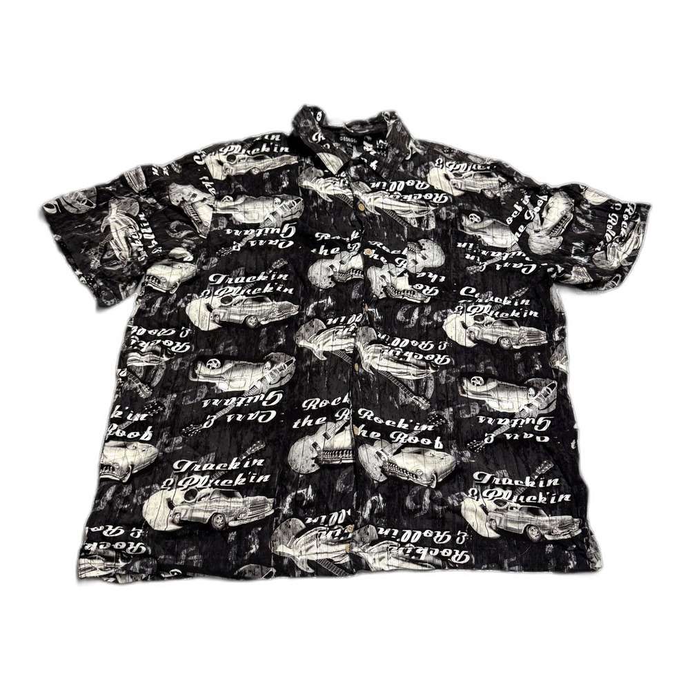 George Rock and Roll Cars Guitars Print Shirt Mens XL Rayon